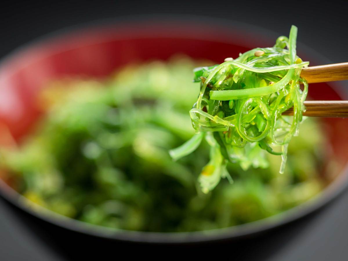 Algensalat aus roter Schüssel, mit Stäbchen essen