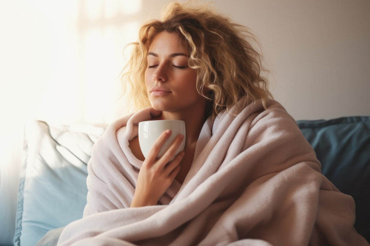 Frau sitzt in Decke eingehüllt und mit einem Tee auf dem Sofa.