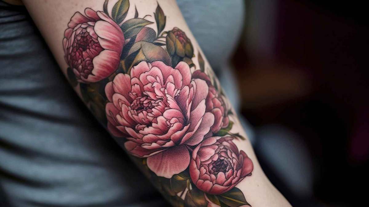 Großes Pfingstrosen-Tattoo auf einem Arm.