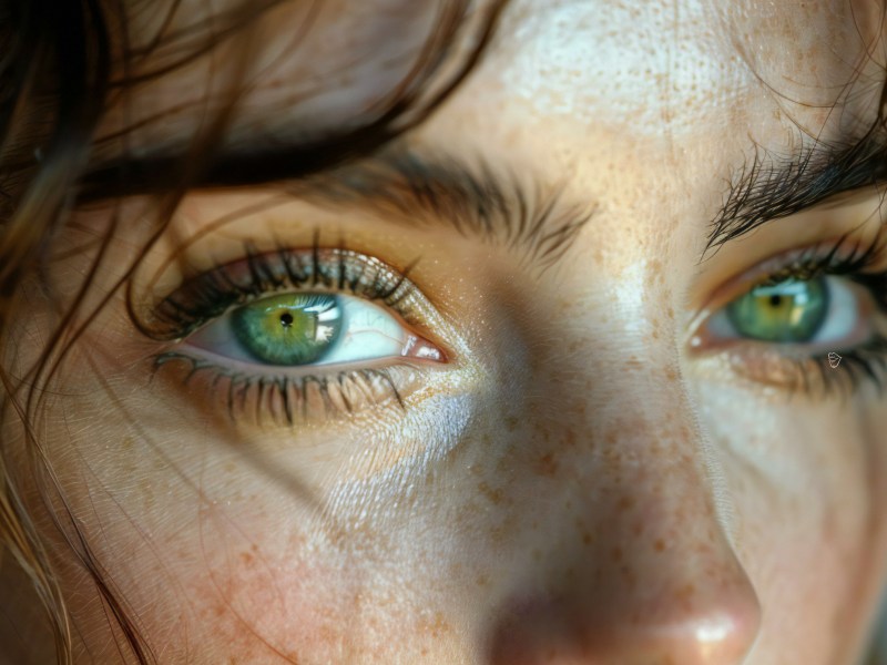 Nahaufnahme einer Frau mit grünen Augen und dunkelbraunen Haaren.