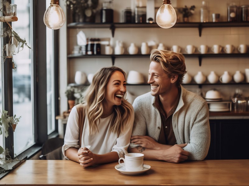 Frau und Mann in einem Café an der Bar, die gemeinsam lachen.