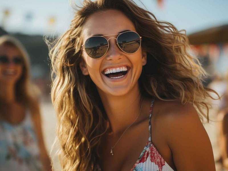Frau mit Locken und Sonnenbrille am Strand lacht beherzt.