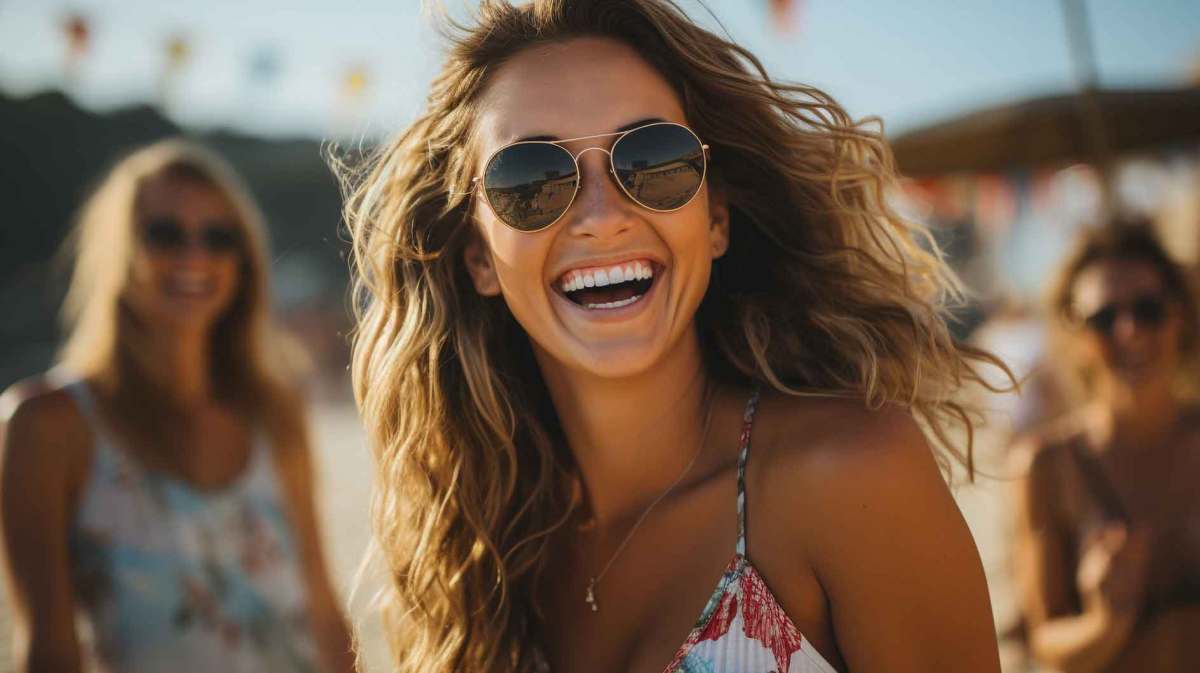 Frau mit Locken und Sonnenbrille am Strand lacht beherzt.