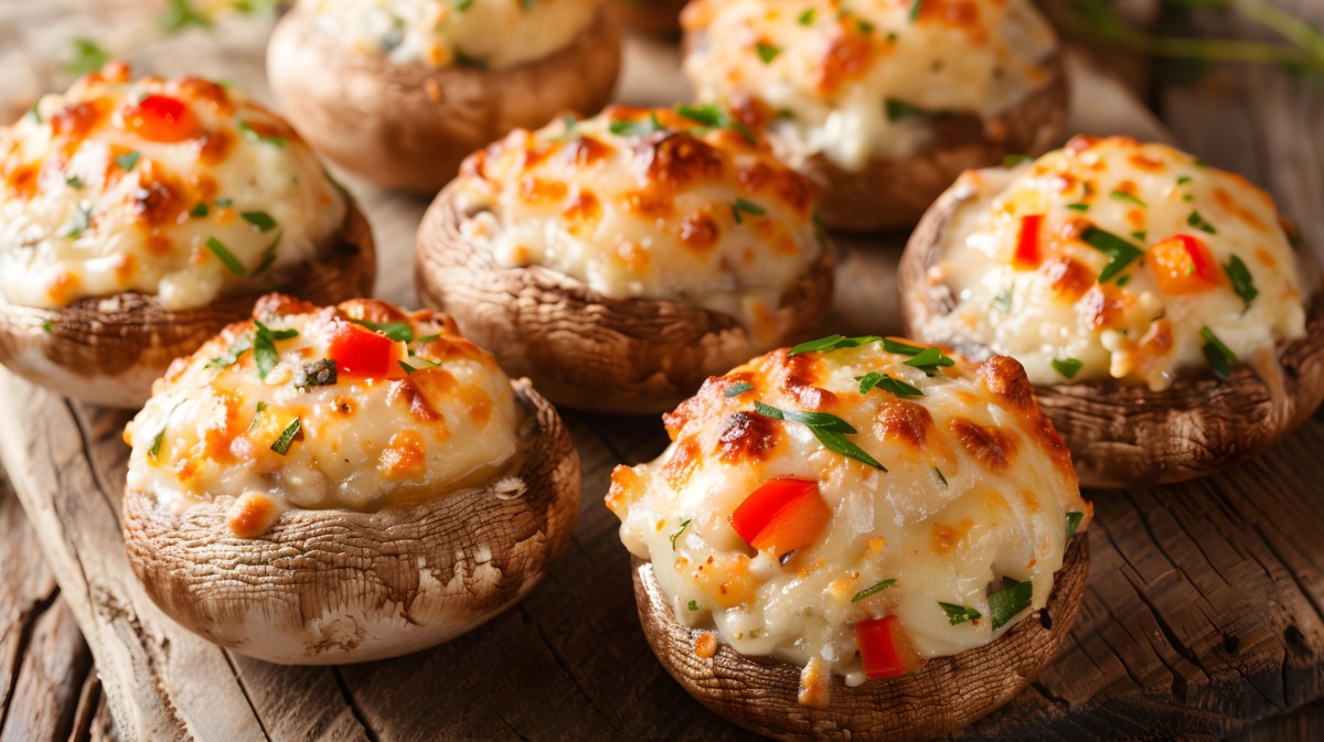 Gefüllte Champignons mit Feta und Paprika auf einem Holzbrett.