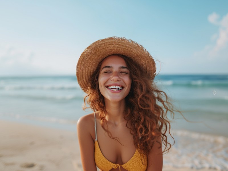Frau am Strand mit Hut, die lächelt.