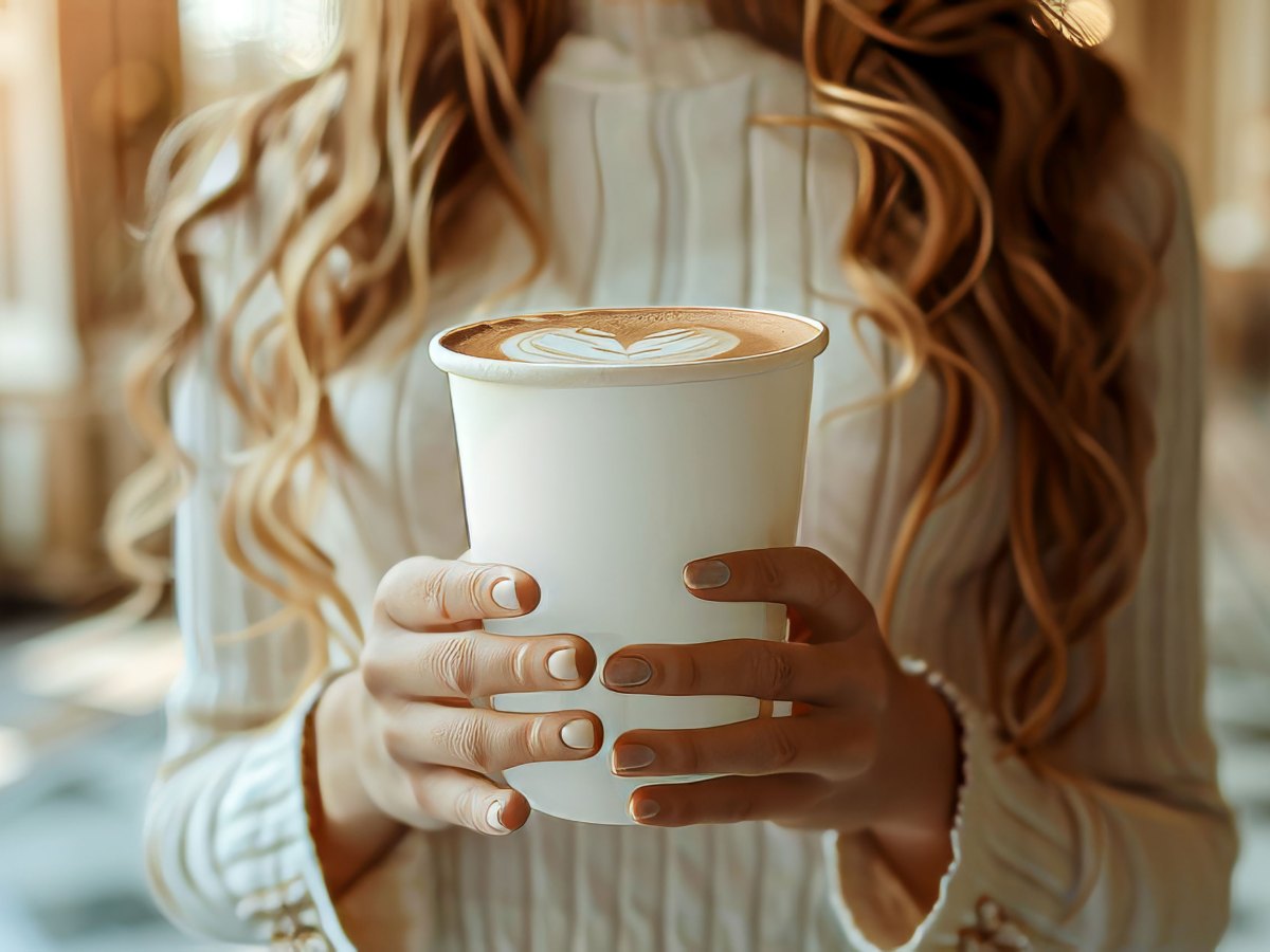 Frau mit einer Kaffeetasse in der Hand