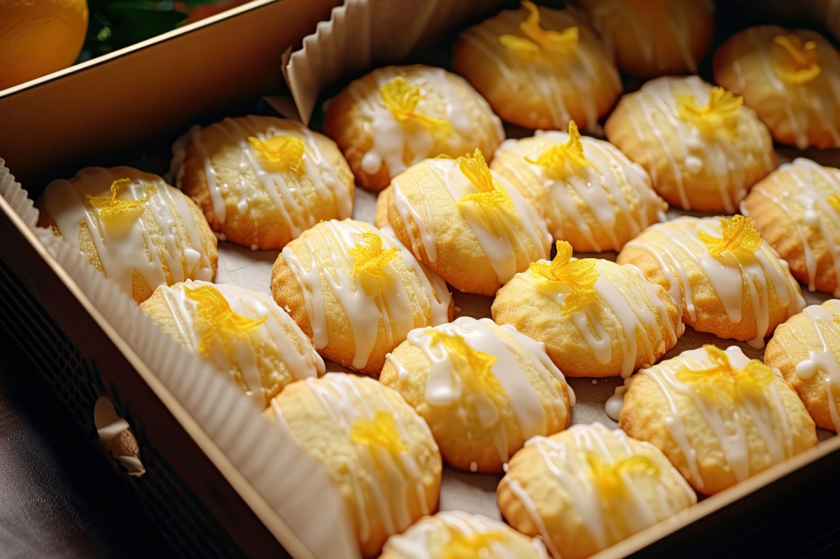 Eine Kiste voller Zitronen-Makronen mit Zuckerguss
