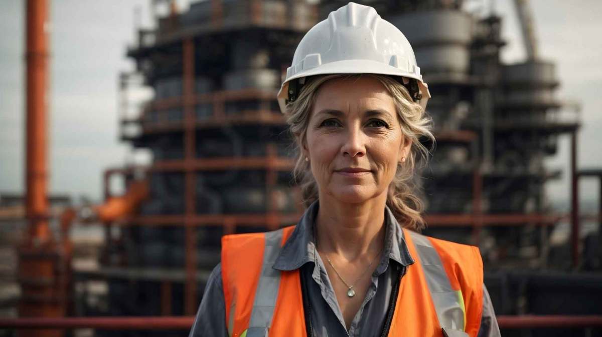 Blonde Frau mittleren Alters mit Schutzkleidung auf einer Baustelle.