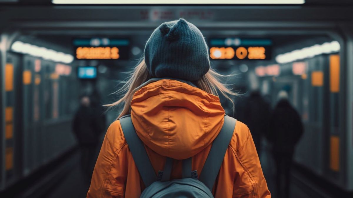 Frau steht vor einer Bahnstation. 