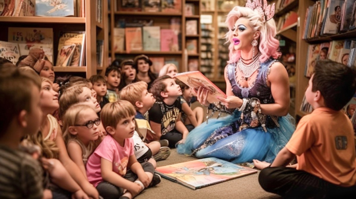 Dragqueen liest Kindern in einer Bibliothek ein Buch vor