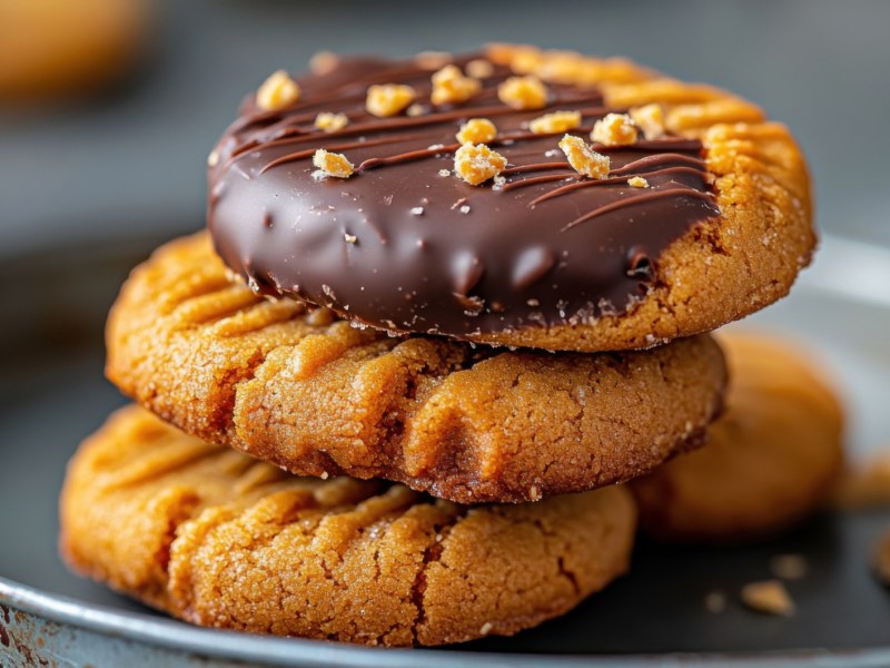 Erdnussbutterkekse mit Schokoglasur auf dunklem Teller.