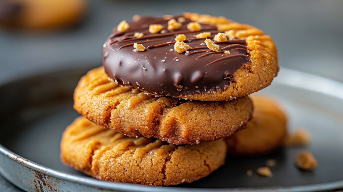 Erdnussbutterkekse mit Schokoglasur auf dunklem Teller.