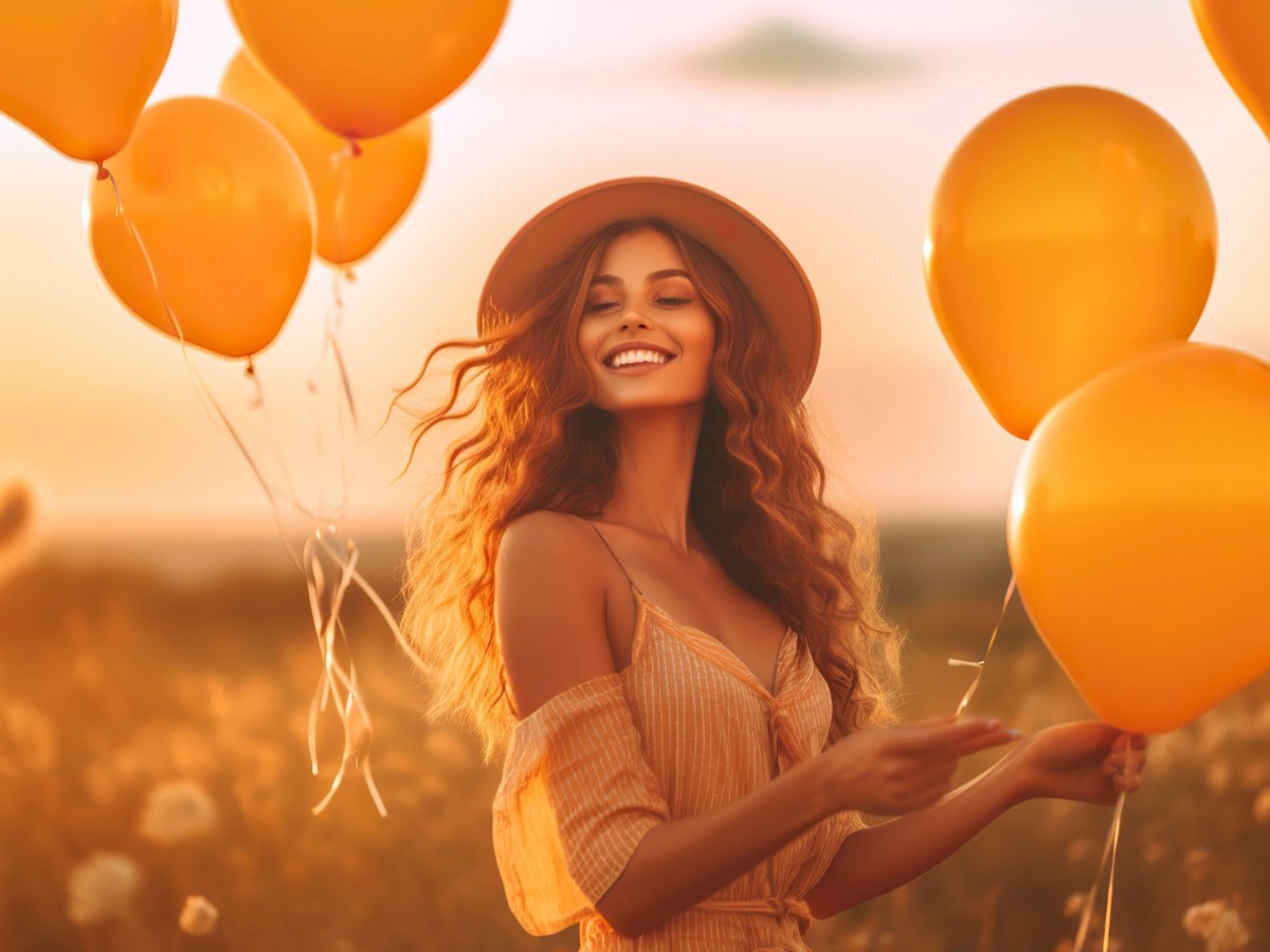 Frau auf einem Feld im Kleid, die orangene Ballons in der Hand hält und mit einem Stroh-Hut auf dem Kopf in die Kamera lächelt