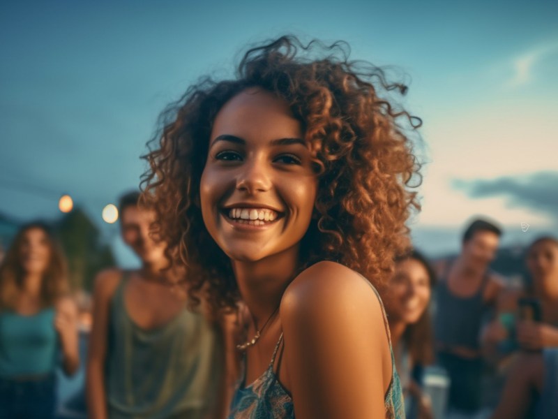 Frau auf einer Rooftop Bar, die lächelnd in die Kamera schaut.