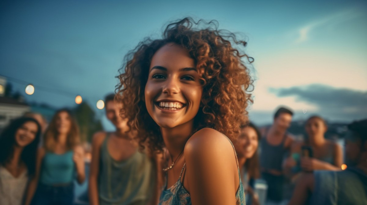 Frau auf einer Rooftop Bar, die lächelnd in die Kamera schaut.