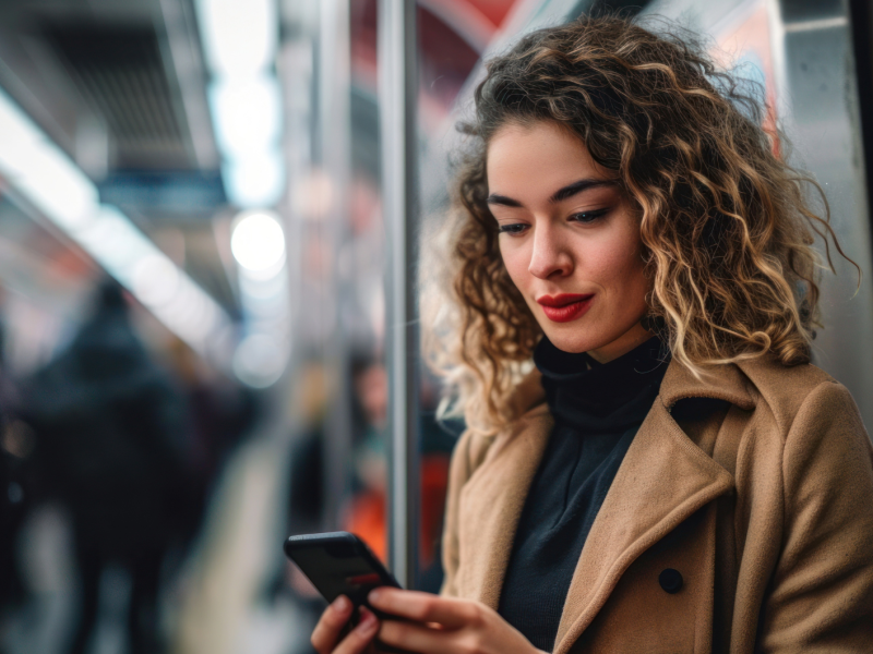 KI-generierte Frau in der Bahn, die ihr Handy in der Hand hält und drauf schaut.