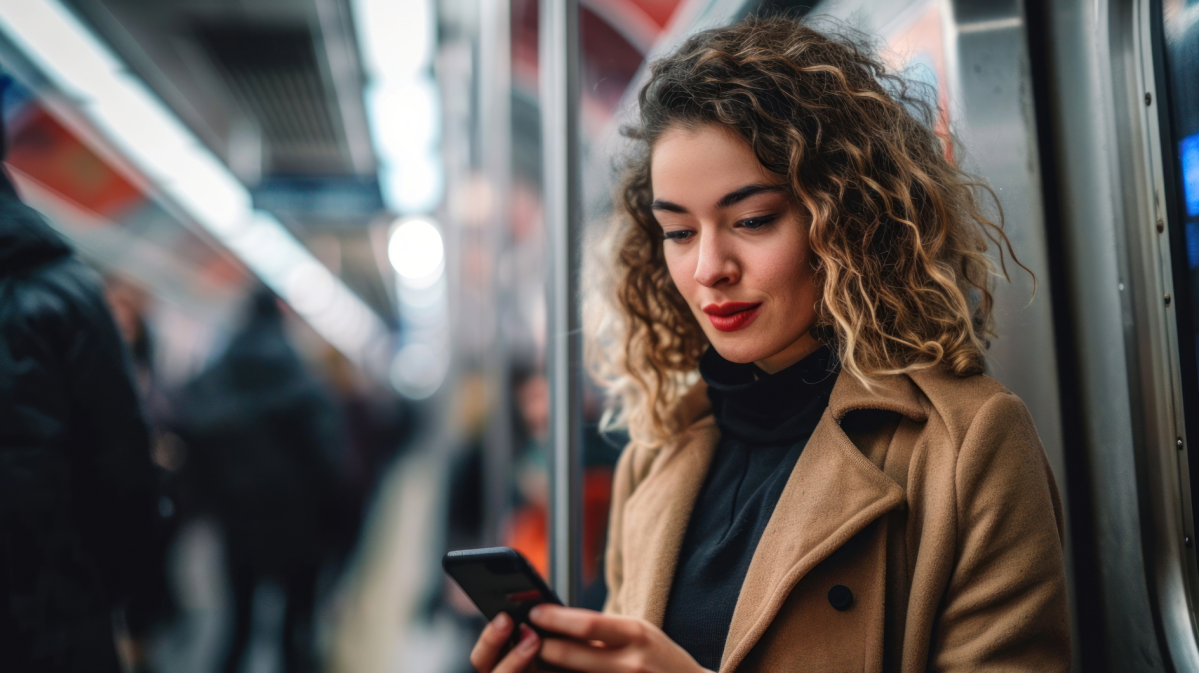 KI-generierte Frau in der Bahn, die ihr Handy in der Hand hält und drauf schaut.