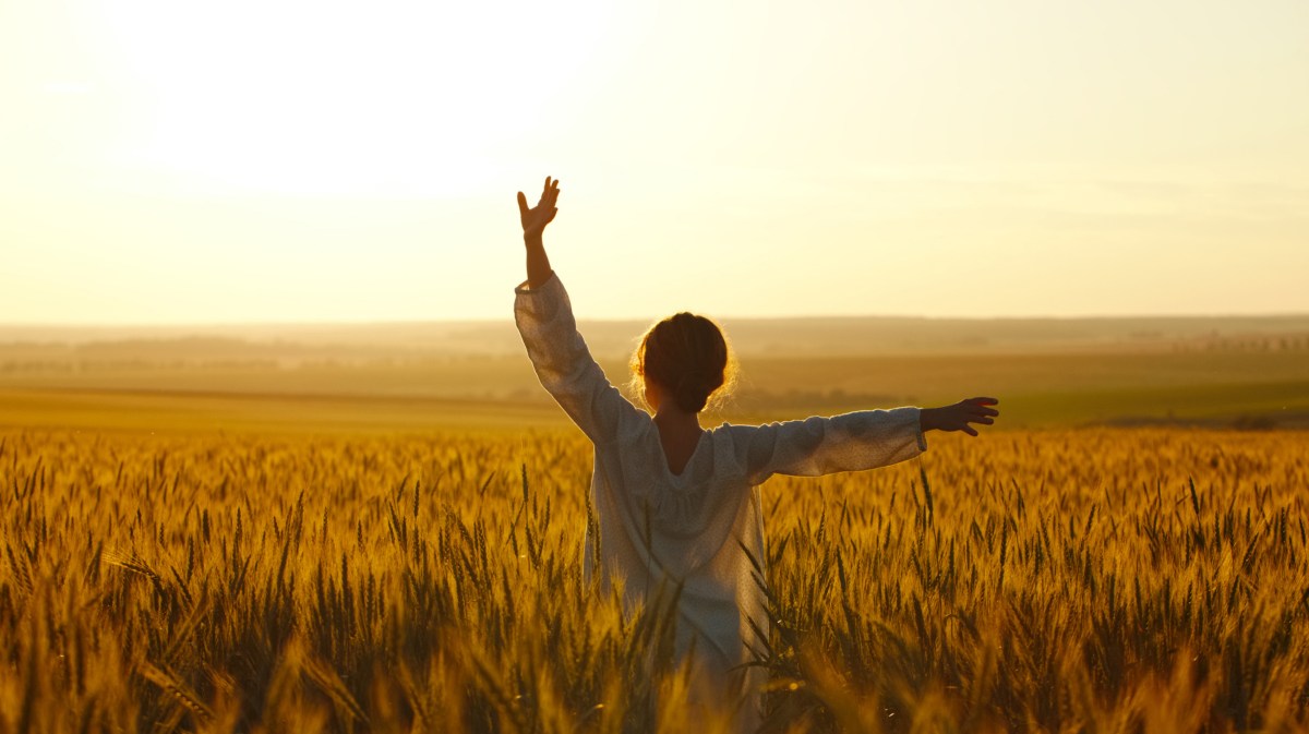 Frau in einem Feld im Sonnenuntergang, die ihre Arme in die Luft hält