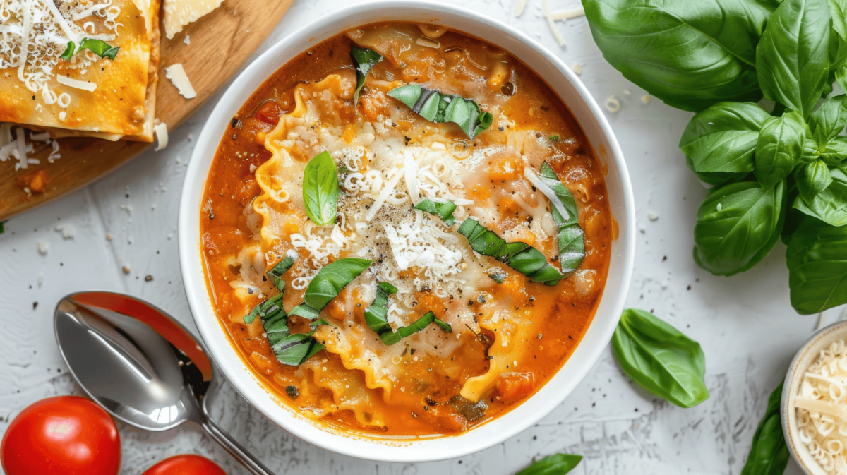 Lasagne Suppe mit Basilikum von oben fotografiert.