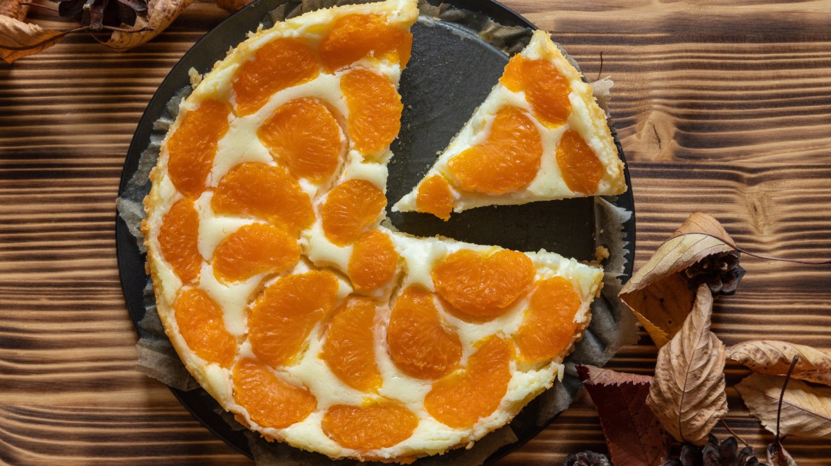 Schmandkuchen mit Mandarinen in einer Springform auf einem Holztisch.