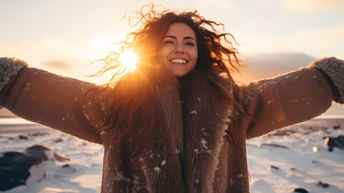 Fröhliche Frau mit Locken und Mantel bei Sonnenuntergang