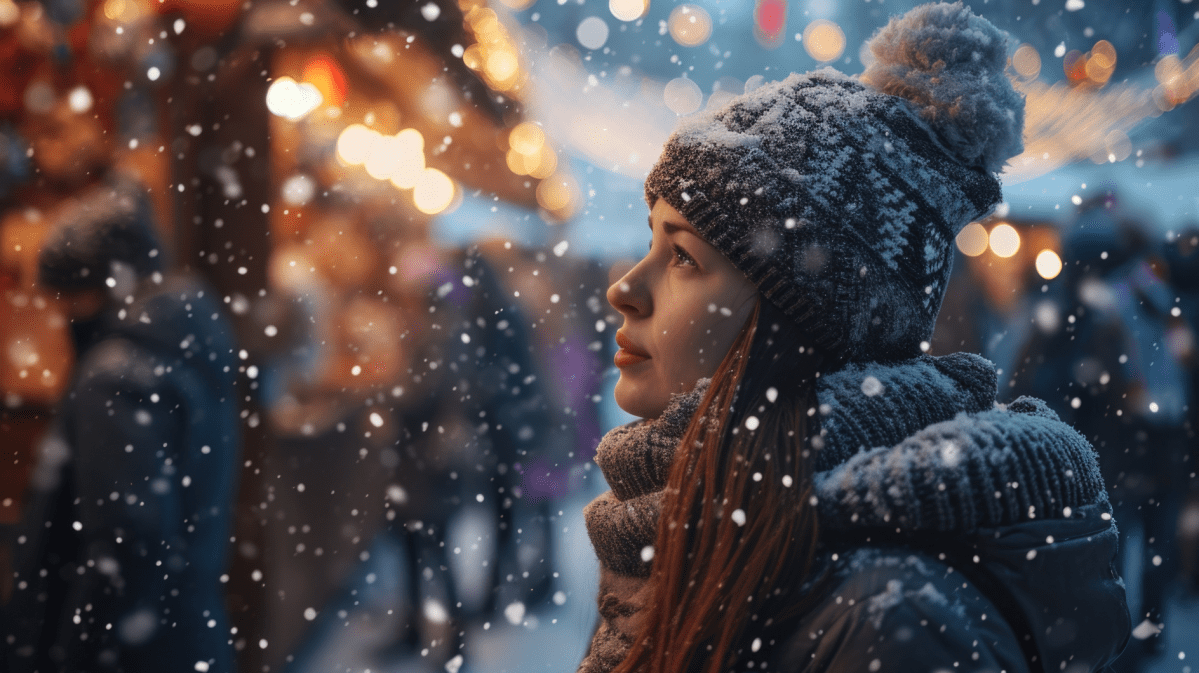 Frau im Schnee vor einer Hütte, die nachdenklich ins Leere starrt