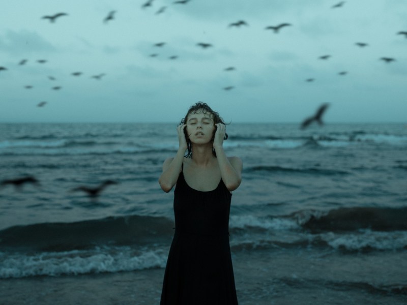Frau mit geschlossenen Augen vor Meer mit Möwen, düstere Atmosphäre