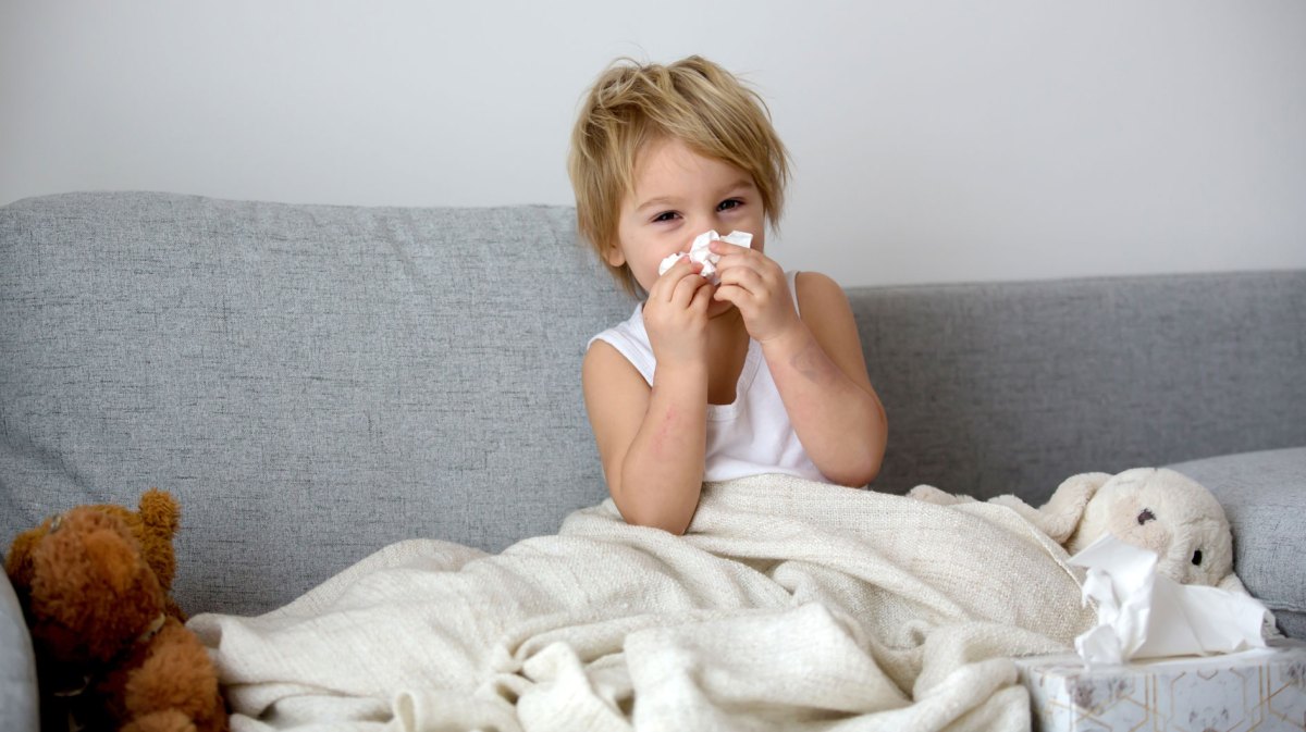 Junge, ca. 4 Jahre, sitzt im Unterhemd und zugedeckt auf der Couch und schnäuzt sich die Nase.