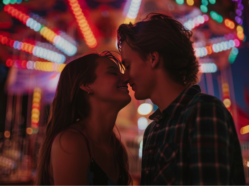 Frau und Mann auf einer Kirmes, die sich küssen und lachen.