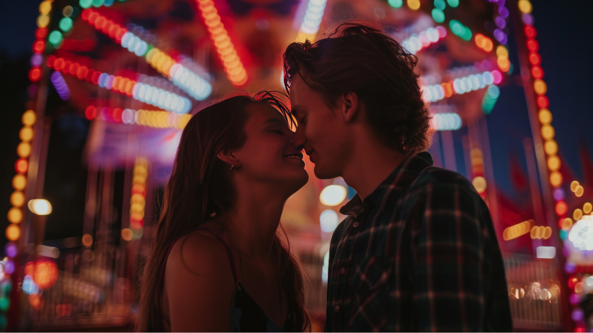 Frau und Mann auf einer Kirmes, die sich küssen und lachen.