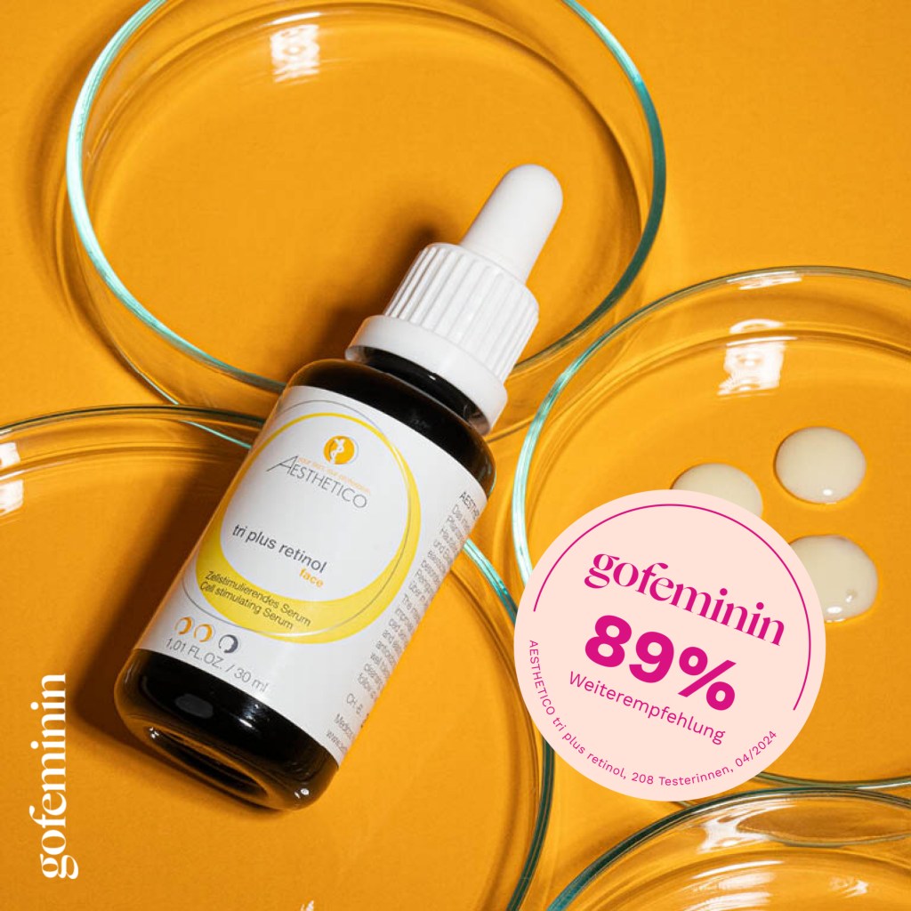 Testsiegel von gofeminin für das Retinol Serum der Marke Aesthetico.