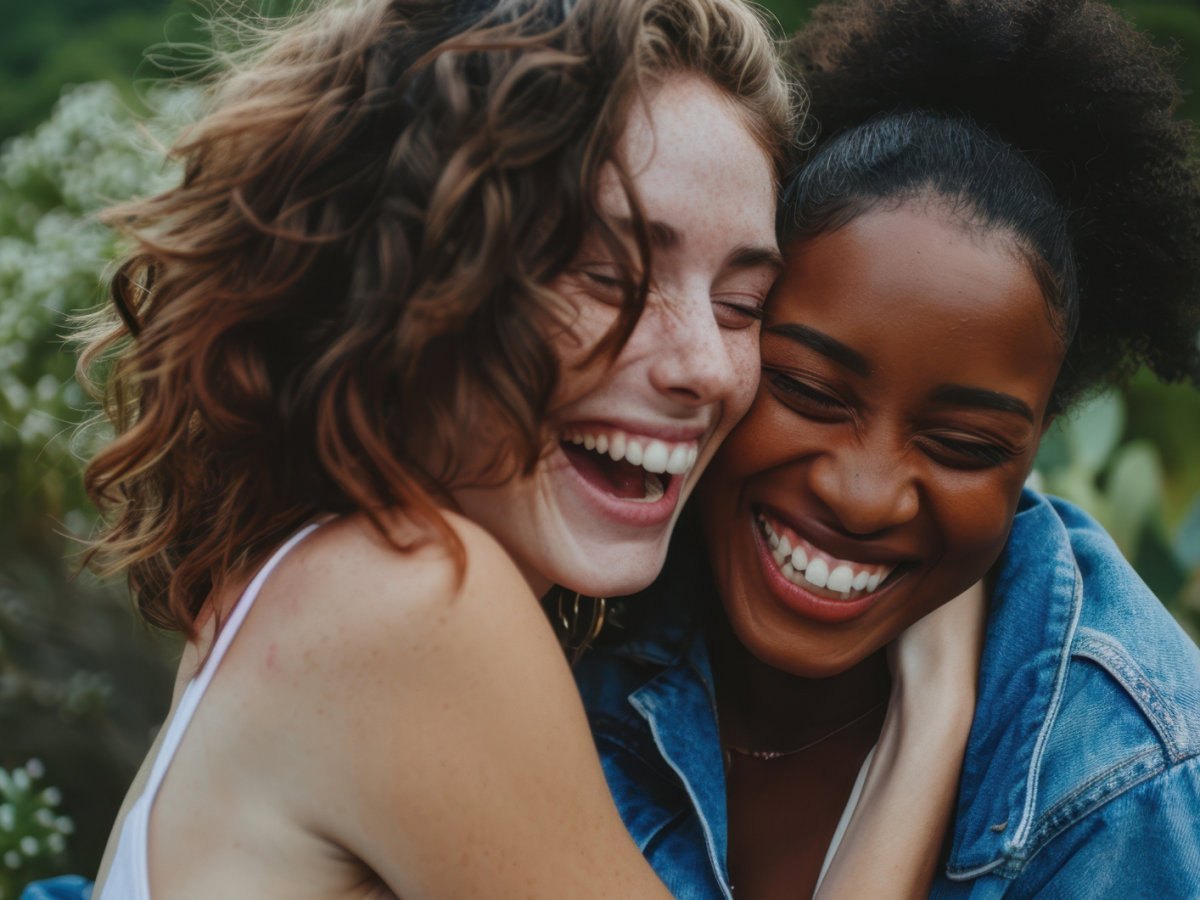 Zwei Frauen, die sich in den Armen liegen und lachen.