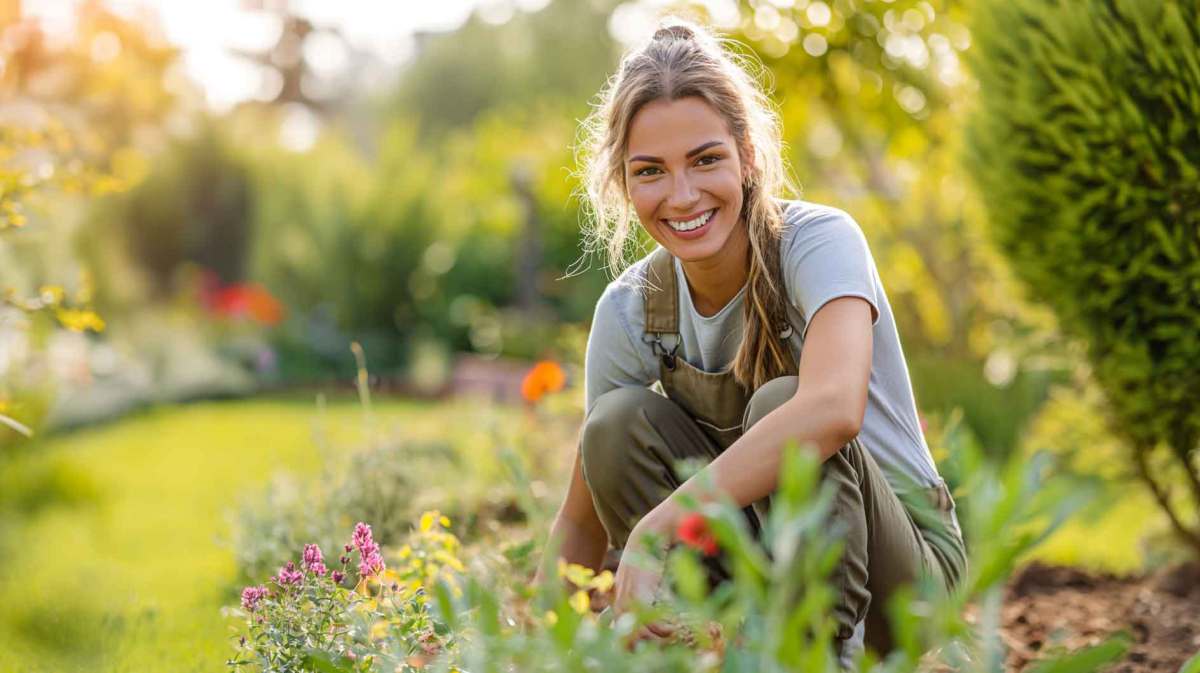 Junge Frau sitzt im Garten und bepflanzt ihr Beet.