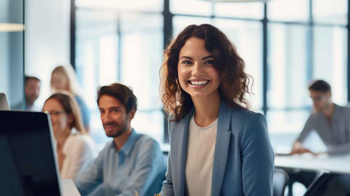 Junge Frau auf der Arbeit sitzt neben Kolleg*innen am Schreibtisch.