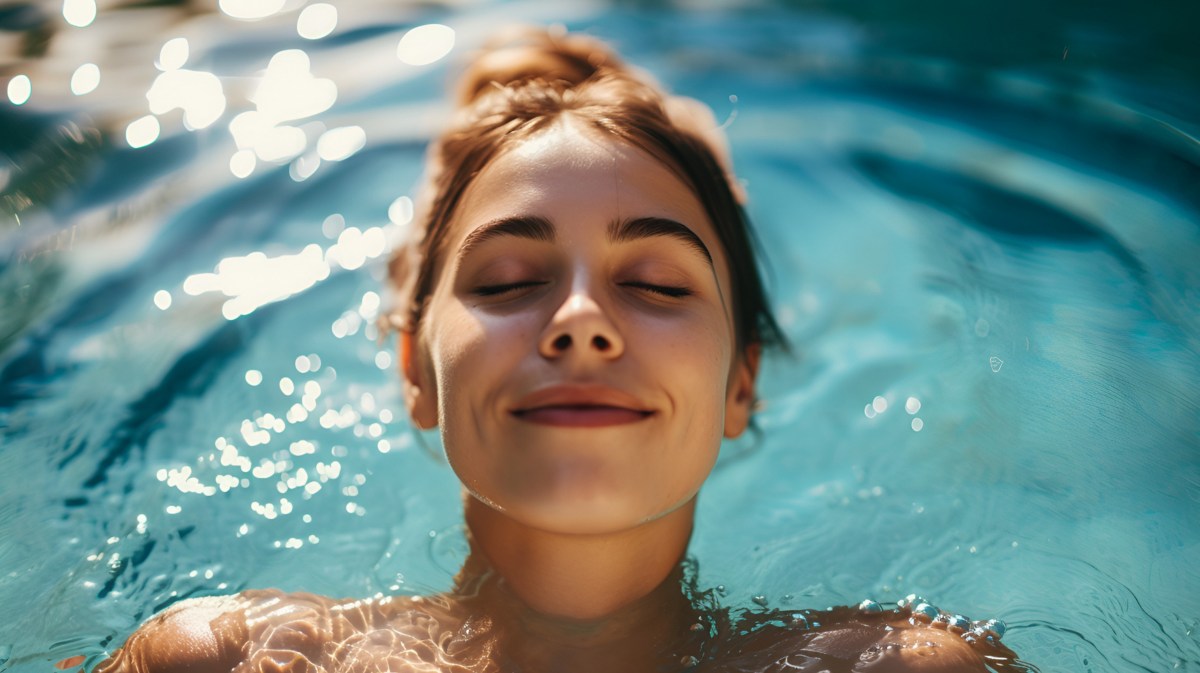 Frau im Pool, die entspannt die Augen schließt und lächelt.