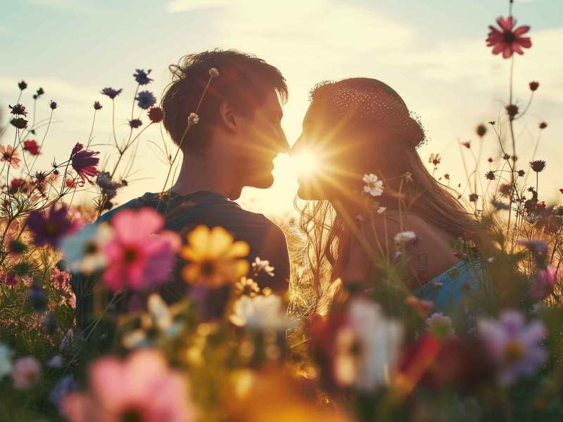 Frau und Mann küssen sich auf einer Blumenwiese.