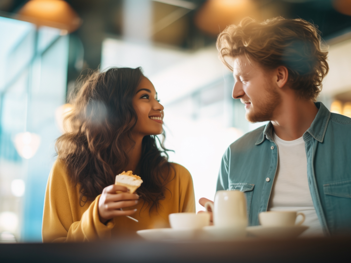 Mann und Frau in einem Café, die sich unterhalten und lachen.