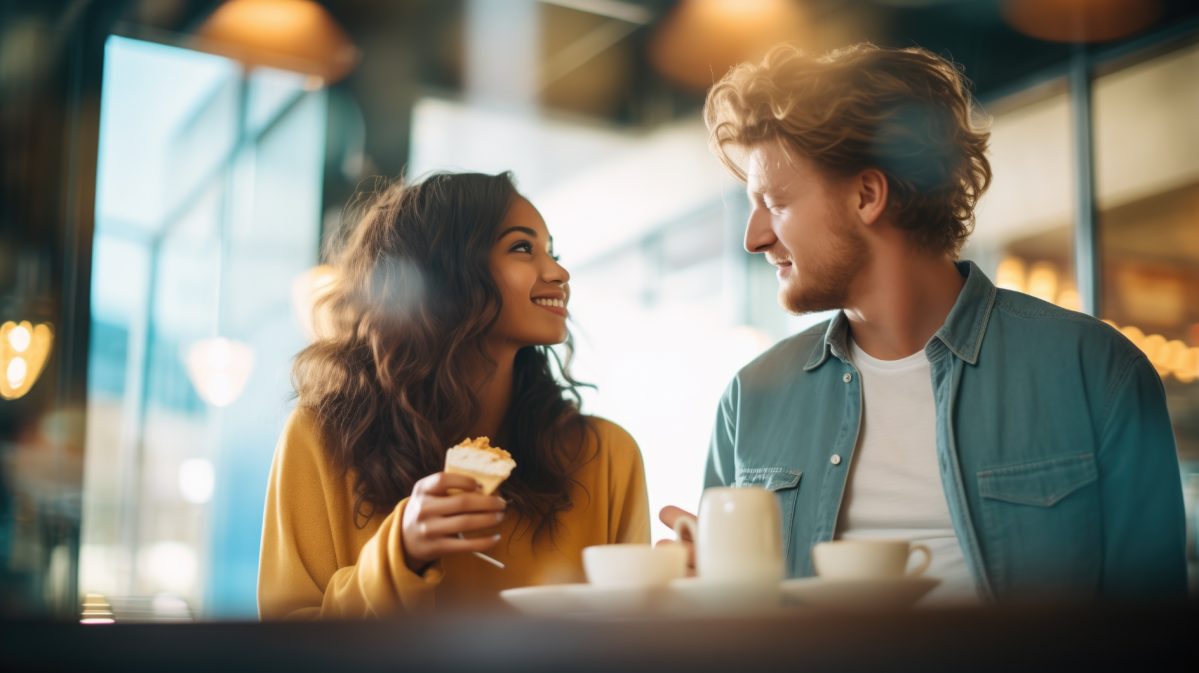 Mann und Frau in einem Café, die sich unterhalten und lachen.