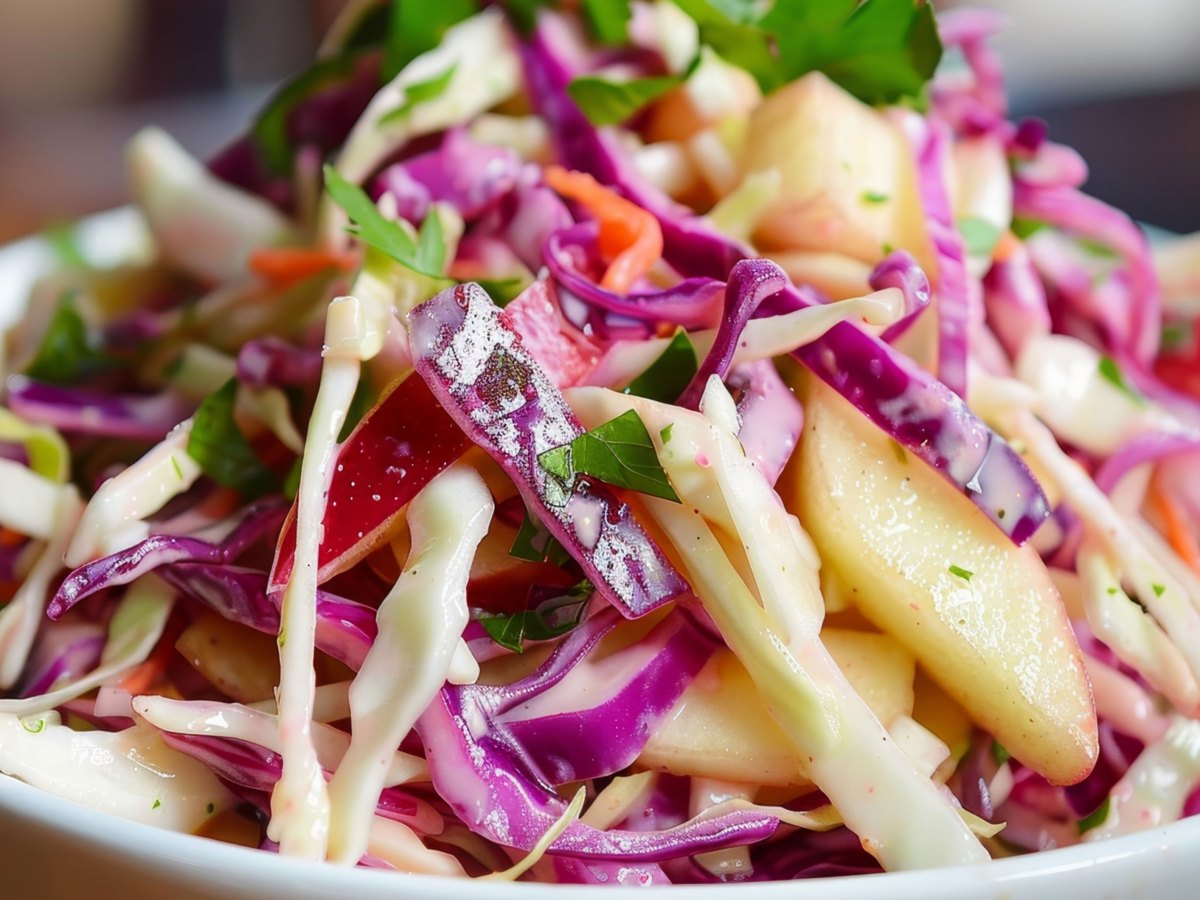 Coleslaw mit Rotkohl und Äpfeln in Nahaufnahme.