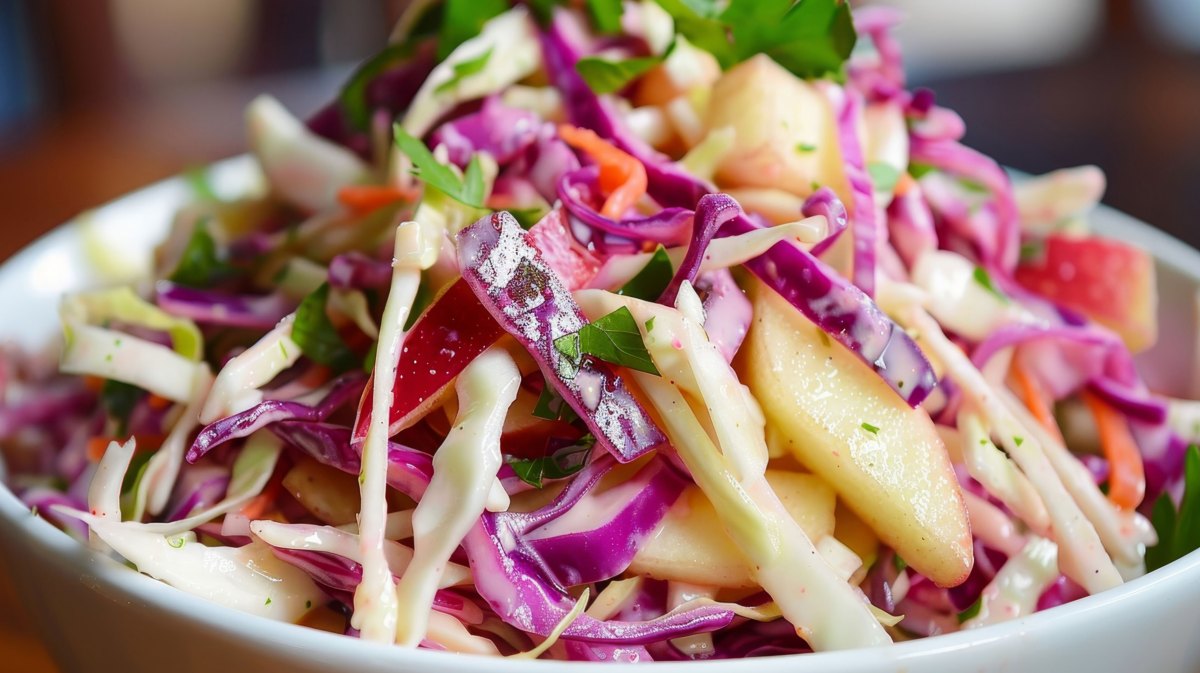 Coleslaw mit Rotkohl und Äpfeln in Nahaufnahme.