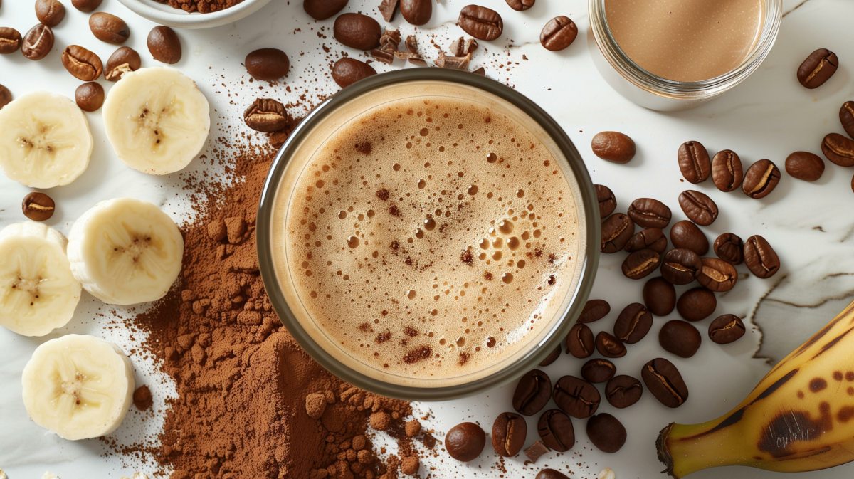 Smoothie mit Kaffee, Banane, Haferflocken und Kakao auf weißem Tisch.