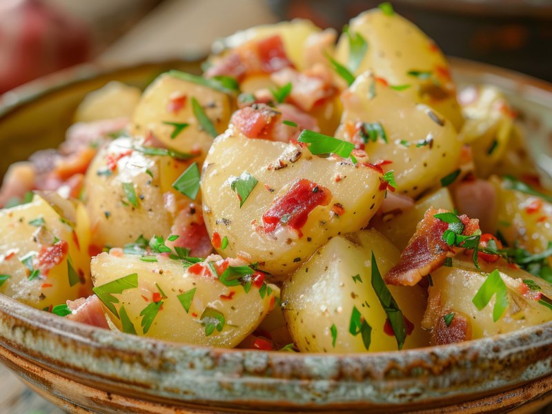 Kartoffelsalat mit Speck und Gewürzen in großer Schüssel.