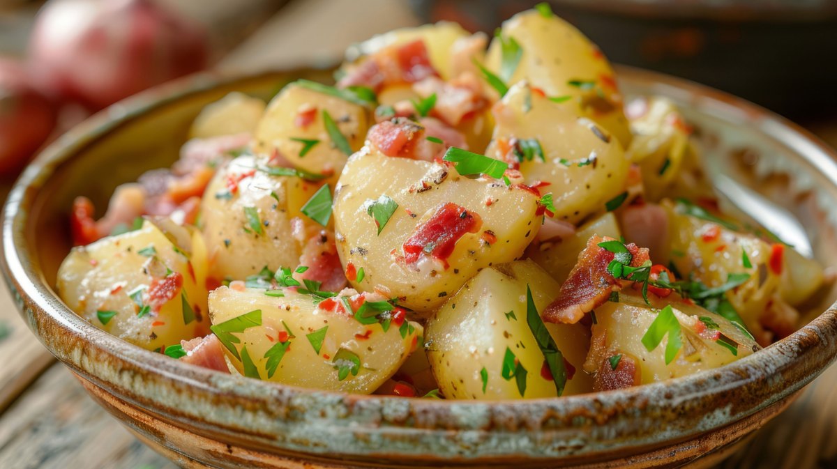 Kartoffelsalat mit Speck und Gewürzen in großer Schüssel.