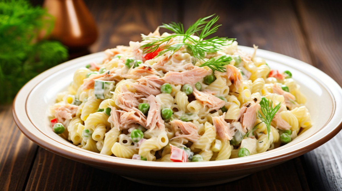 Nudelsalat mit Thunfisch und Joghurtrdressing auf einem weißen Teller.