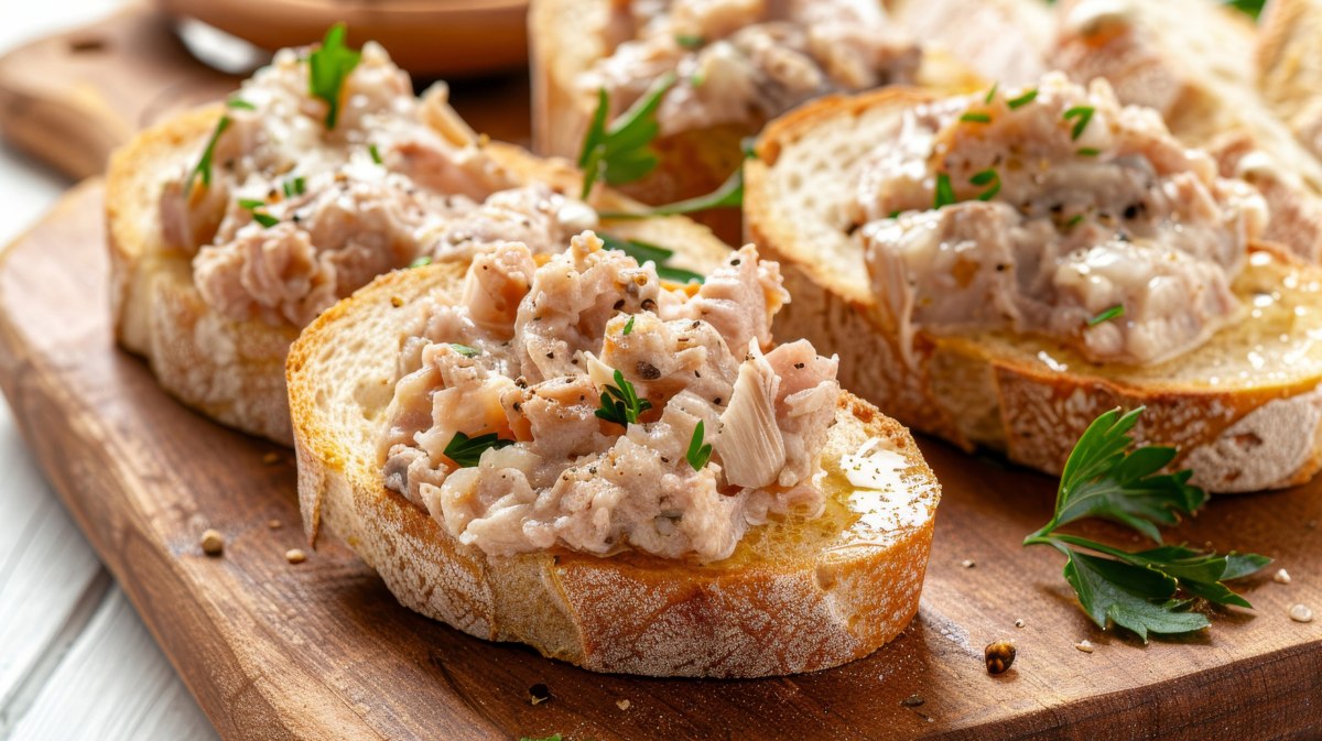 Geröstete Scheiben Baguette mit Thunfischcreme drauf.