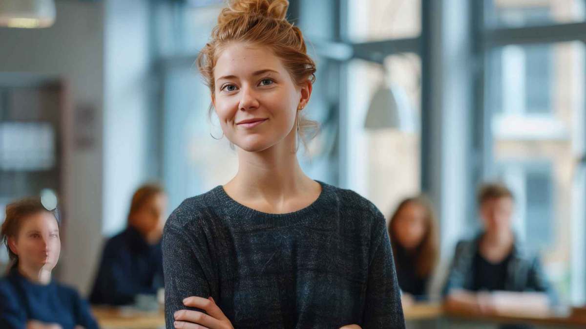 Junge Frau mit rotblonden hochgesteckten Haaren steht in einem Raum bei der Arbeit und hat die Arme verschränkt.