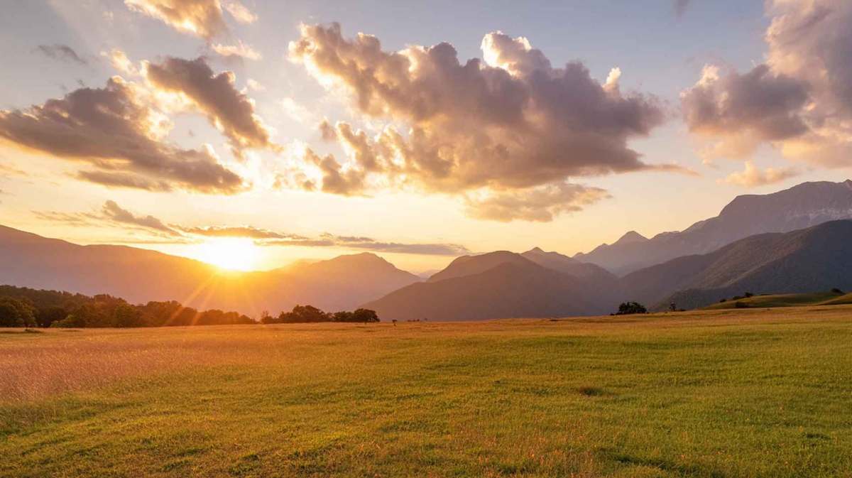 Landschaft mit Bergen im Hintergrund und einem schönen Sonnenuntergang.