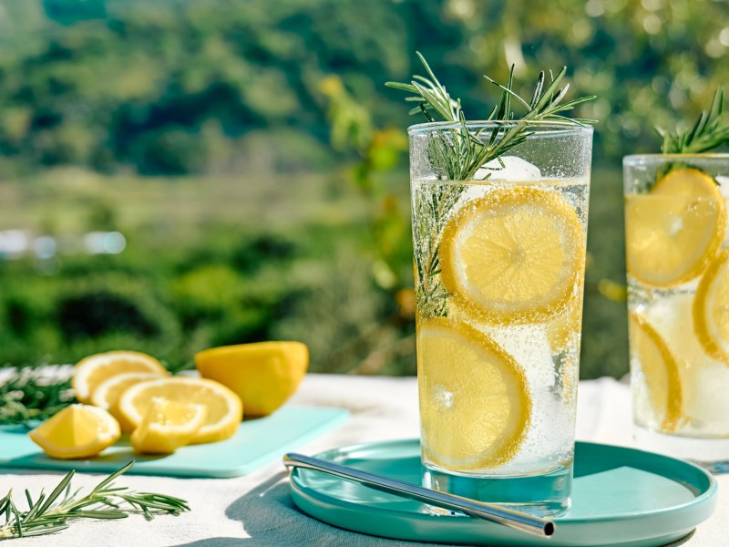 Zwei Cocktailgläser mit Zitronenscheiben auf Tisch mit sommerlichem Hintergrund.