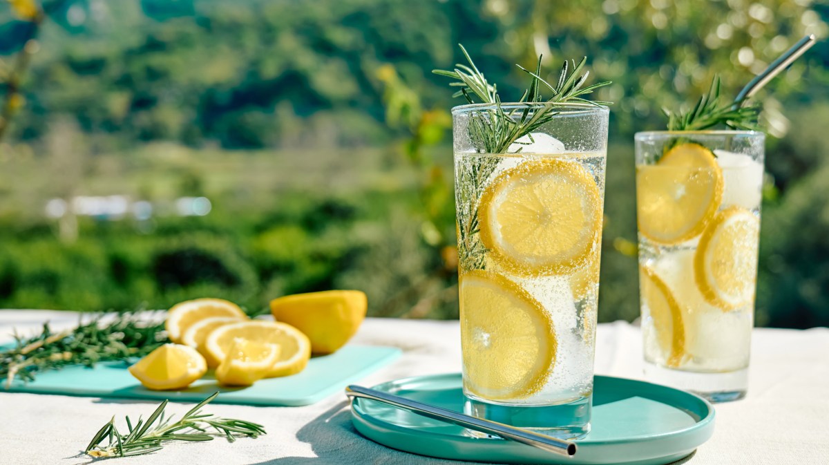 Zwei Cocktailgläser mit Zitronenscheiben auf Tisch mit sommerlichem Hintergrund.