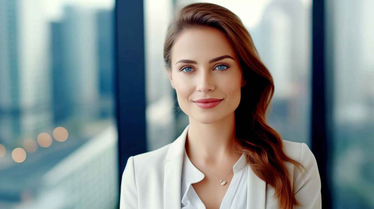 Business Frau mit langen Haaren und hellen Augen lächelt auf der Arbeit.